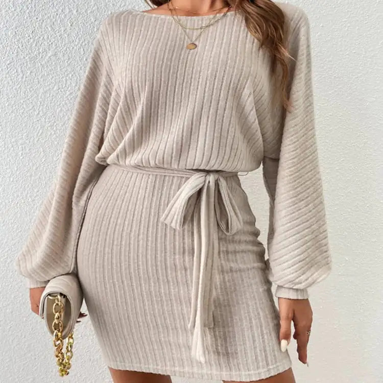 Vestido de Punto de Manga Larga con Cinturón para Mujer Otoño