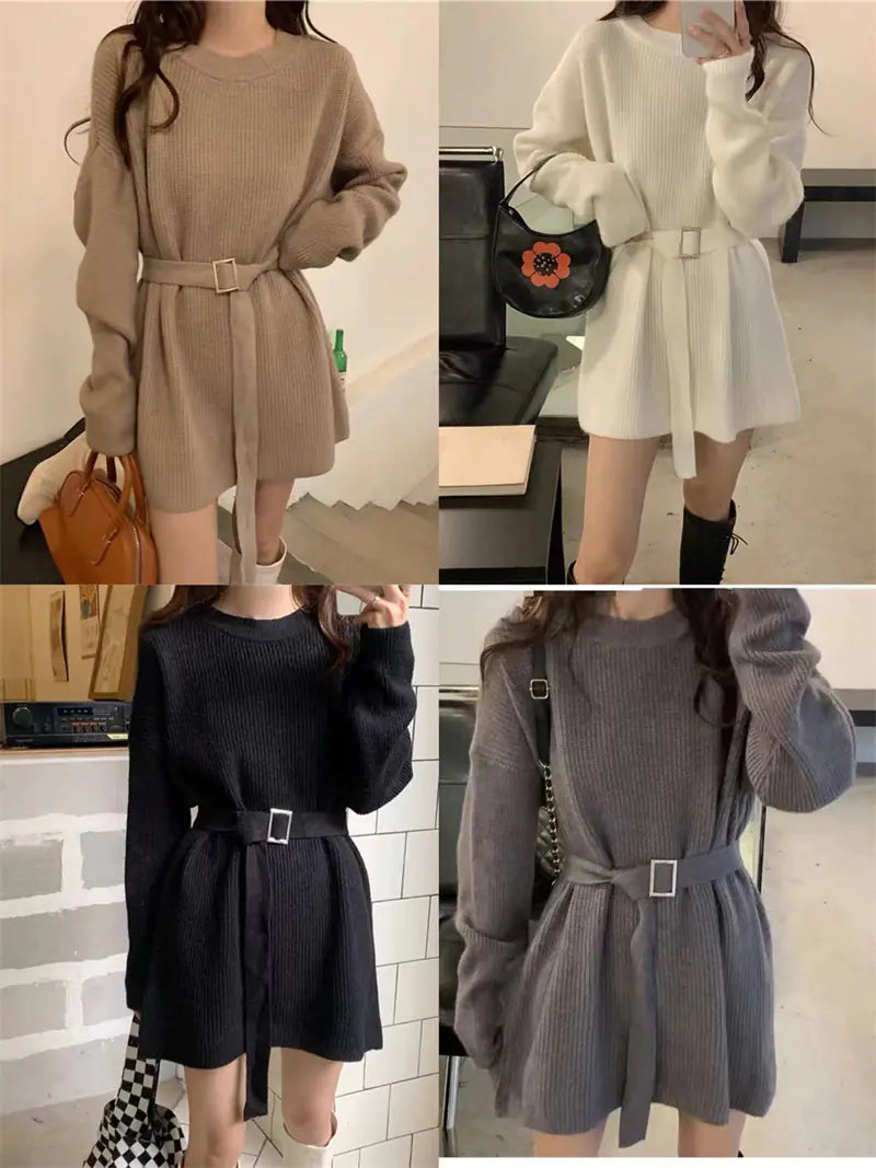 Vestido de Punto para Mujer con Cinturón y Mangas Largas Otoño 2023